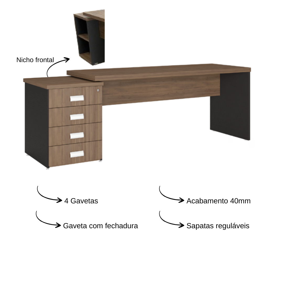 Mesa c/ gaveteiro Pedestal 4 gav 150cm - ...